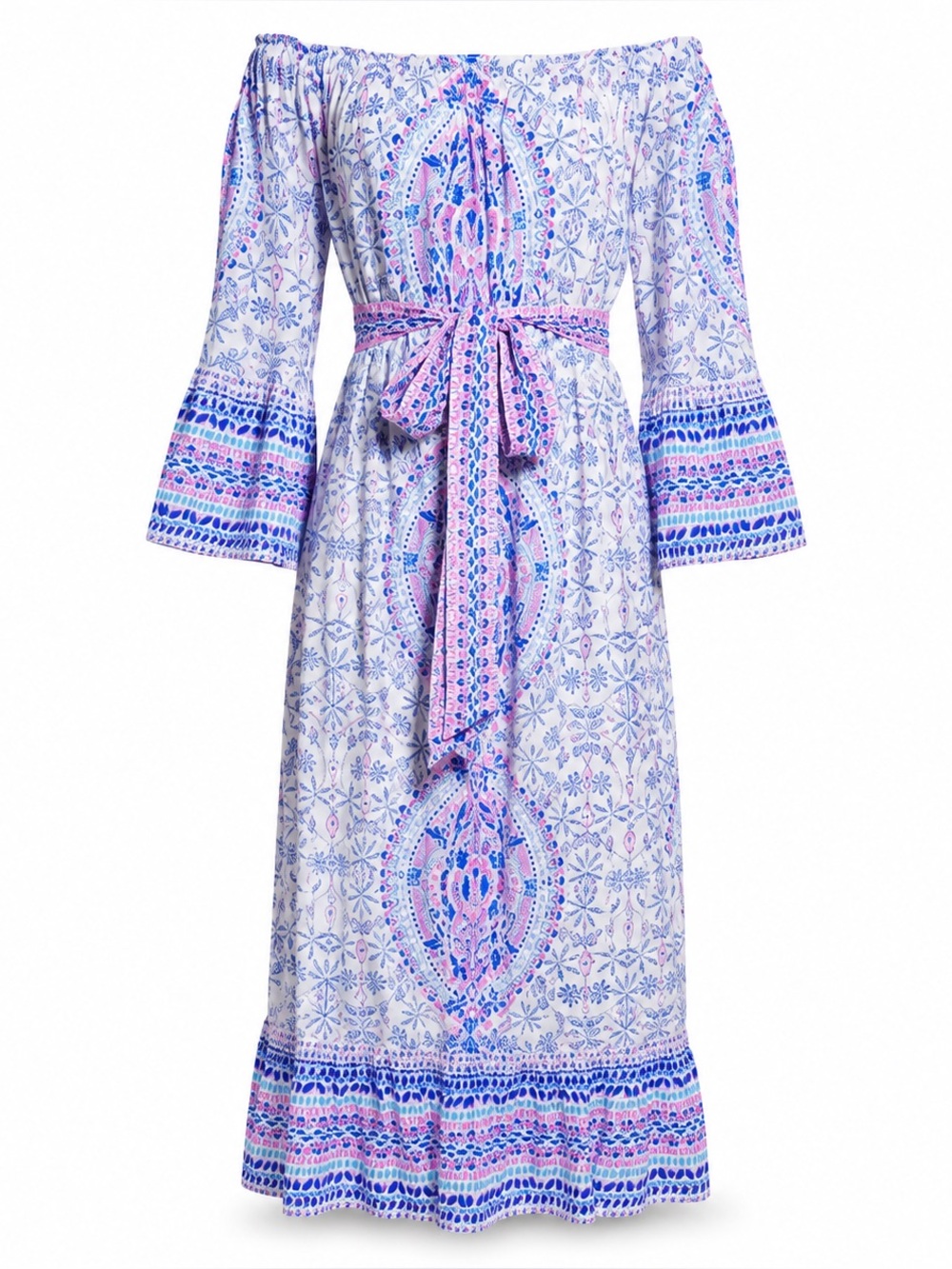 Lilly Pulitzer Blue Pink Paisley Off Shoulder Bell Sleeve Midi Dress XS; worn 1x